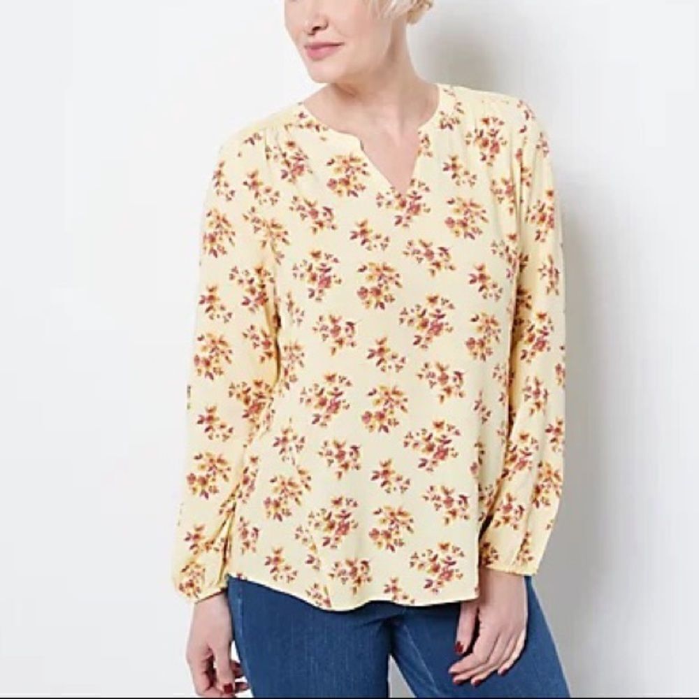 Denim & Co. Printed Woven Top with Crochet Trim